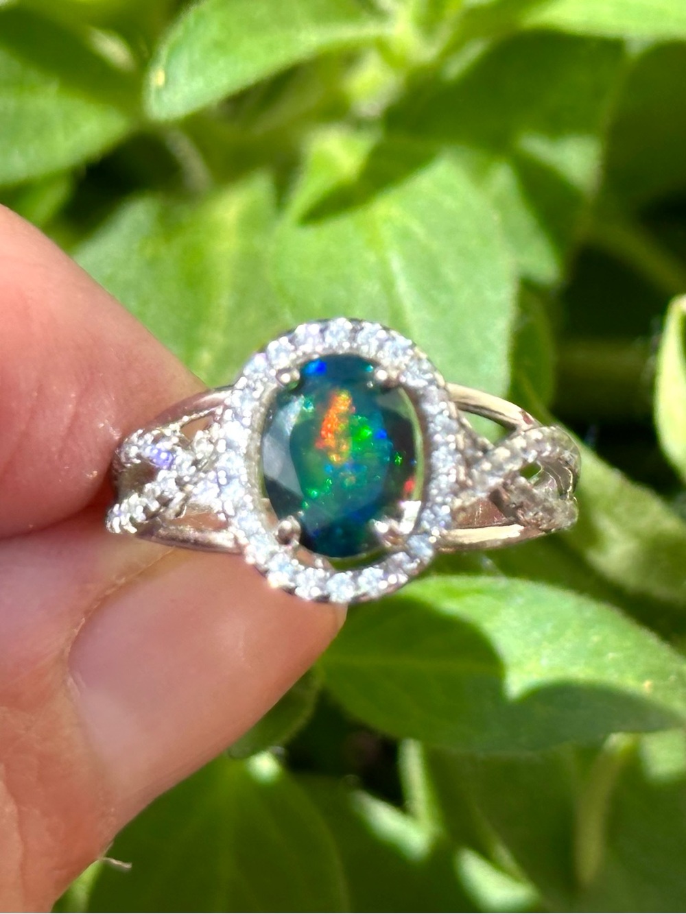 Faceted Black Opal Halo Ring, Sterling Silver, Sz 6, BRAND NEW